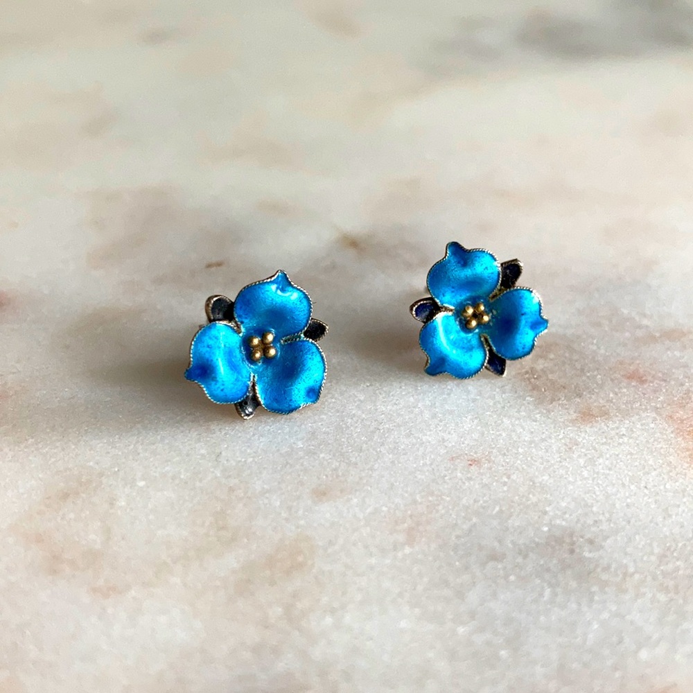 Sterling blue enamel flower earrings